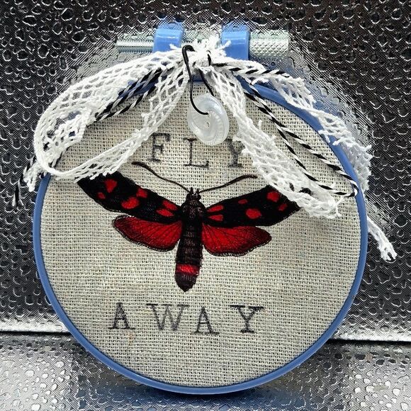 "5/$25" Small Blue Embroidery Hoop Alchemy Red Butterfly Moth Gallery Wall Art - Picture 1 of 5